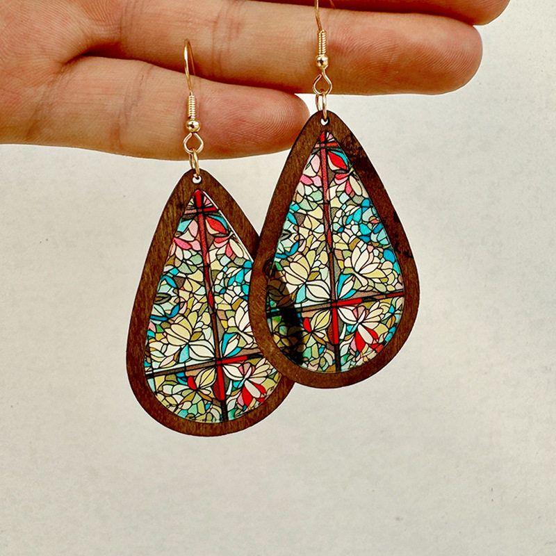 Fashion New Arrival Drop-Shaped Earrings Inlaid Acrylic Church Color Printing Texture Transparent Fashion Ornament