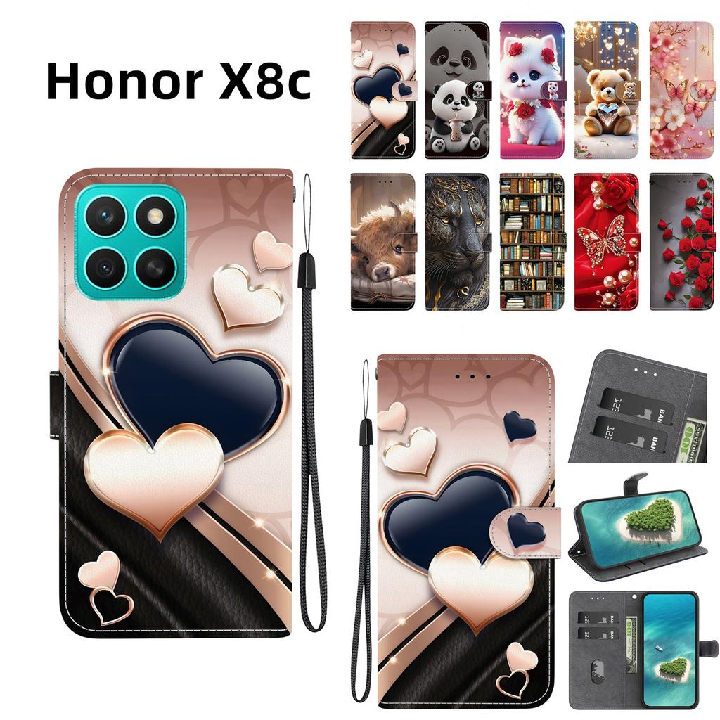 Handmade PU Leather Flip Case for Honor X8c Anti-Slip Shockproof Cover with Wrist Strap & Heart/Rose Cat Designs