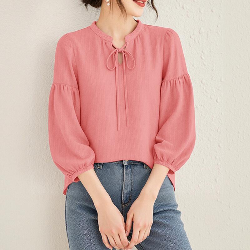 ZANZEA Damska codzienna luźna bluzka ze stójką i rękawami 3/4