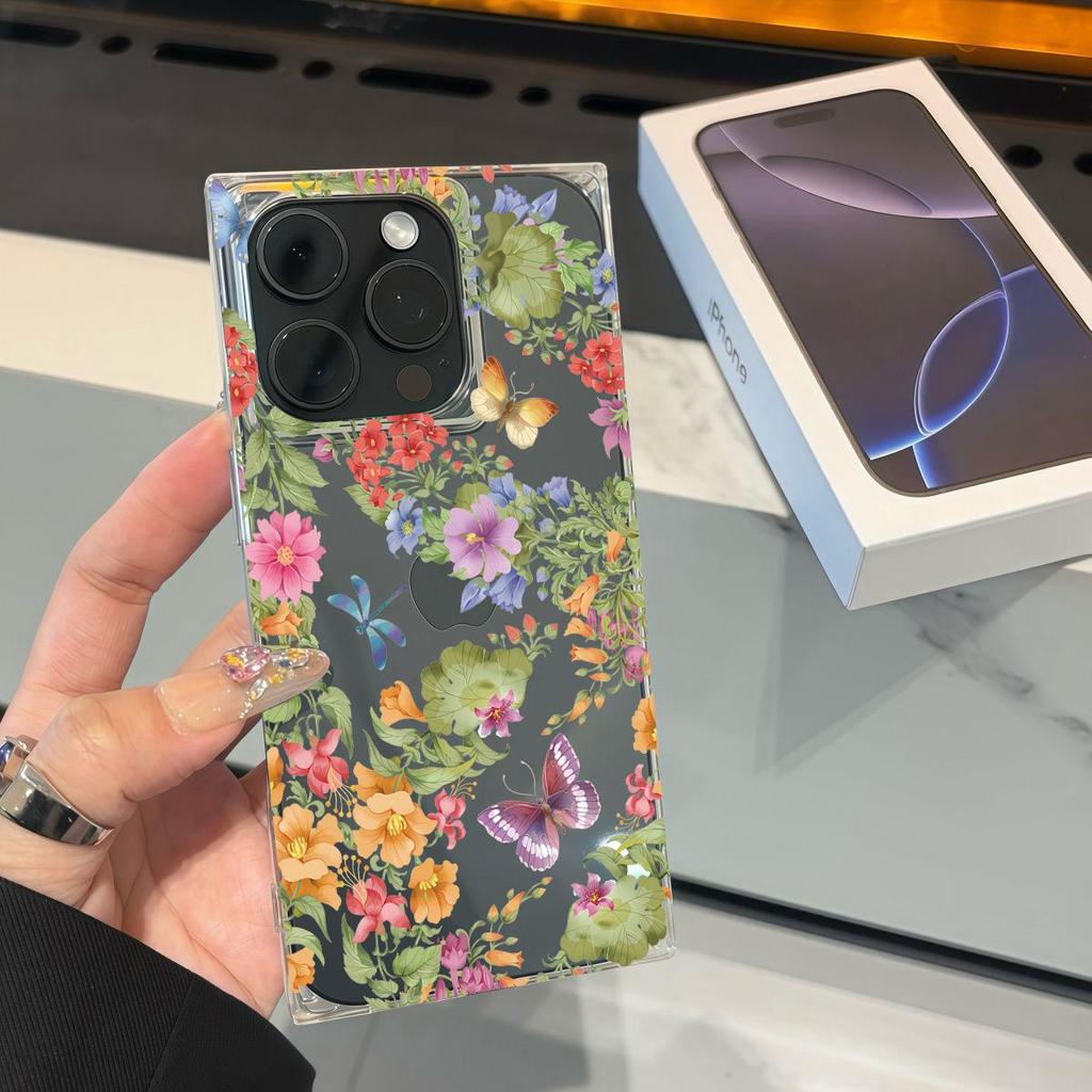 Clear Square Back Tube Case Protection For iPhone 15 Plus 14 Pro Max 13 16 ProMax 11 12 Anti-Oxygen,Flower Butterfly Pattern Casing