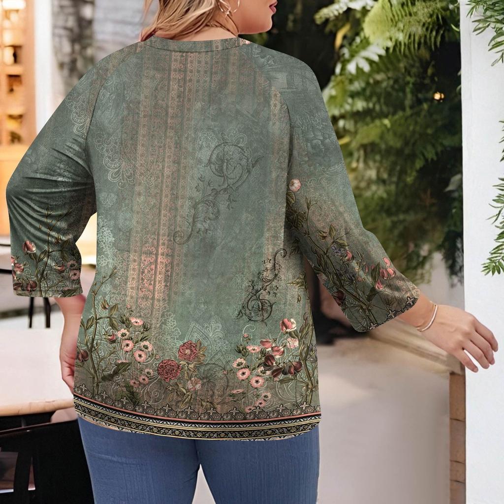 Women's Fashion Casual Print Round Neck 3/4 Sleeve T-Shirt Top