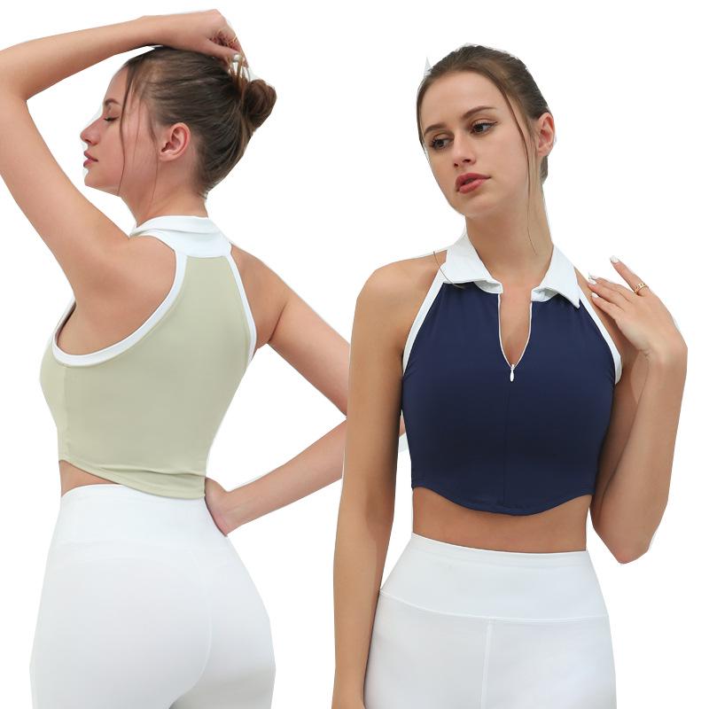 Women's Contrast Collar Sports Fitness Vest: Quick-Dry, High-Elastic, Chest-Padded, Zippered Top for Running & Yoga.