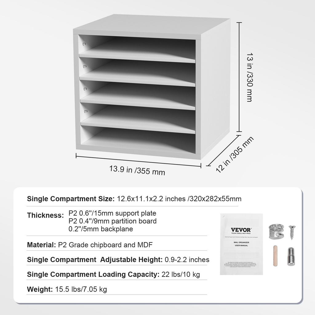 VEVOR Literature Organizers, 5 Compartments Office Mailbox with Adjustable Shelves, Wood Literature Sorter 35.3 X 30.5 X 33.0 Cm for Office, Home