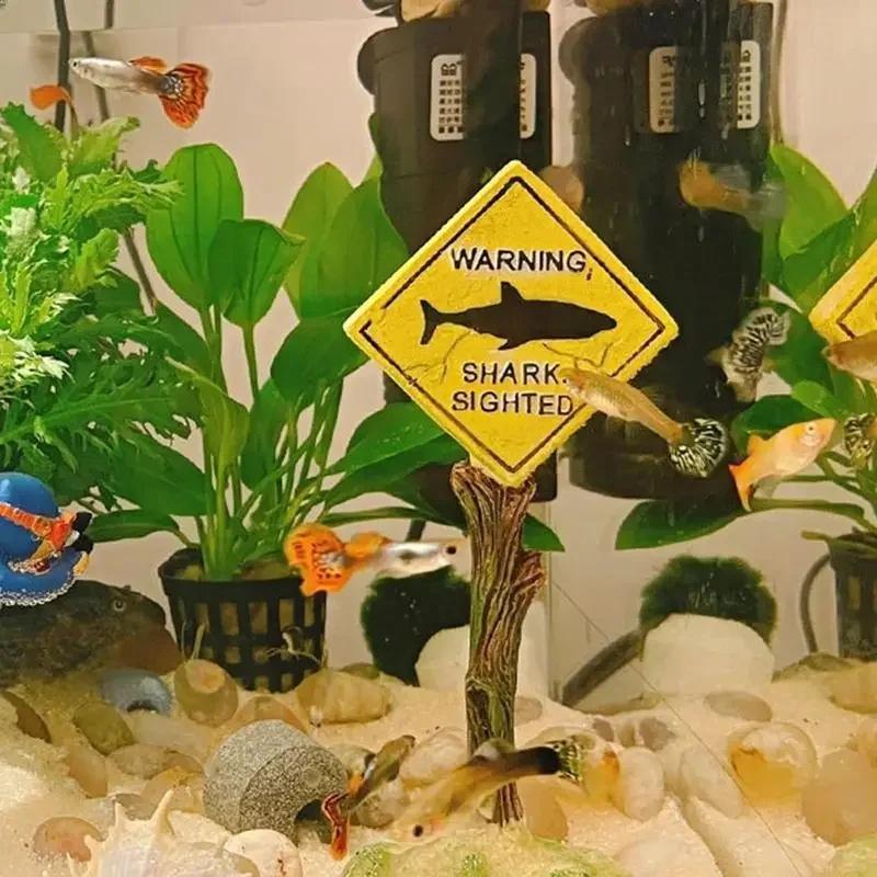 Funny Resin Shark Warning Road Sign Aquarium Ornament, Mini Underwater Landscape Decor Accessory for Fish Tank Landscaping