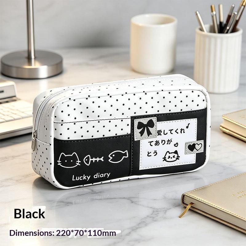 Cat Pattern Pencil Case With Blue Polka Dot Design Pencil Bag For Students School Supplies Multi-Layer Large Capacity Pen Bag