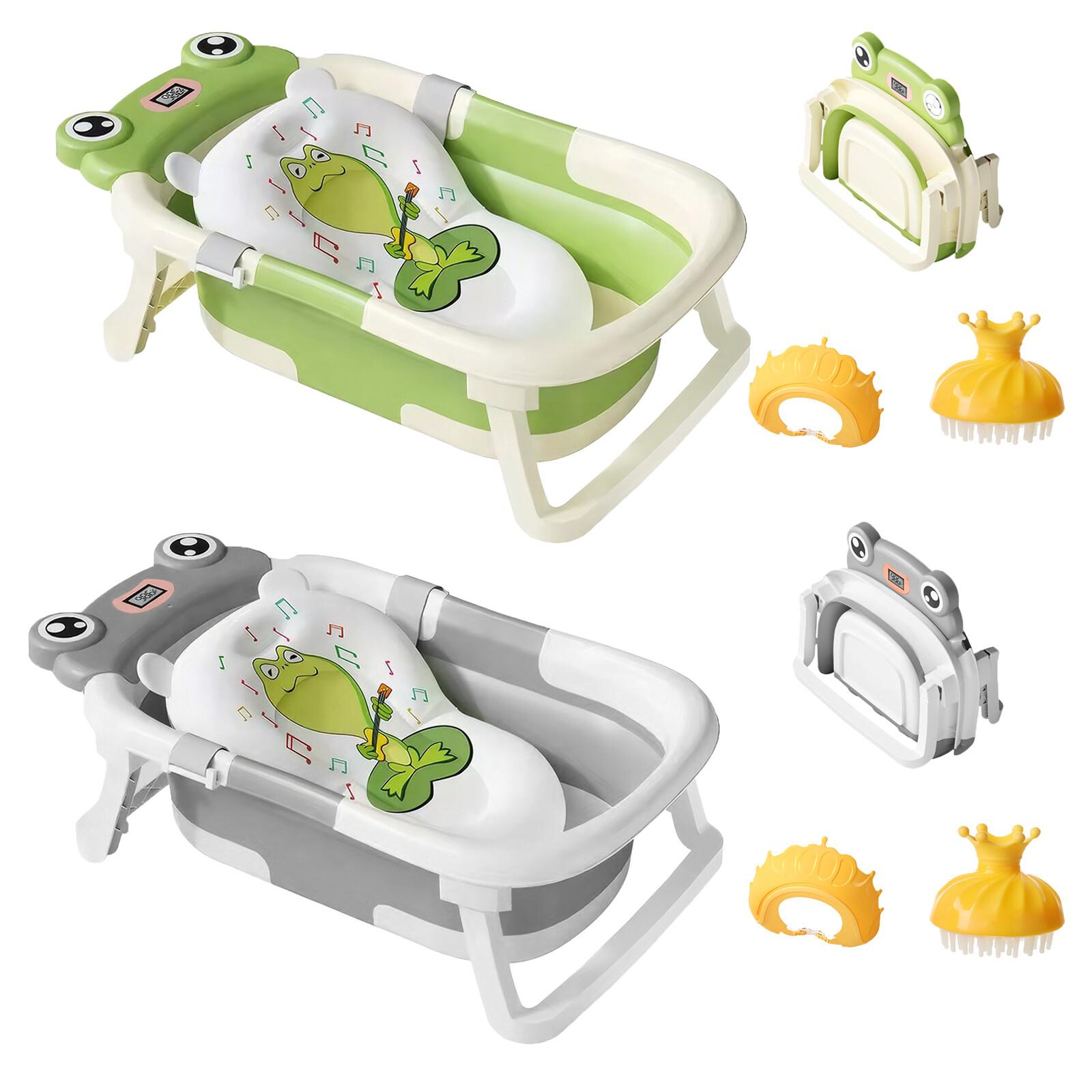 Foldable Baby Bath Tub Ergonomic With Temperature & Cushion Bath Pad + Bath Net verde