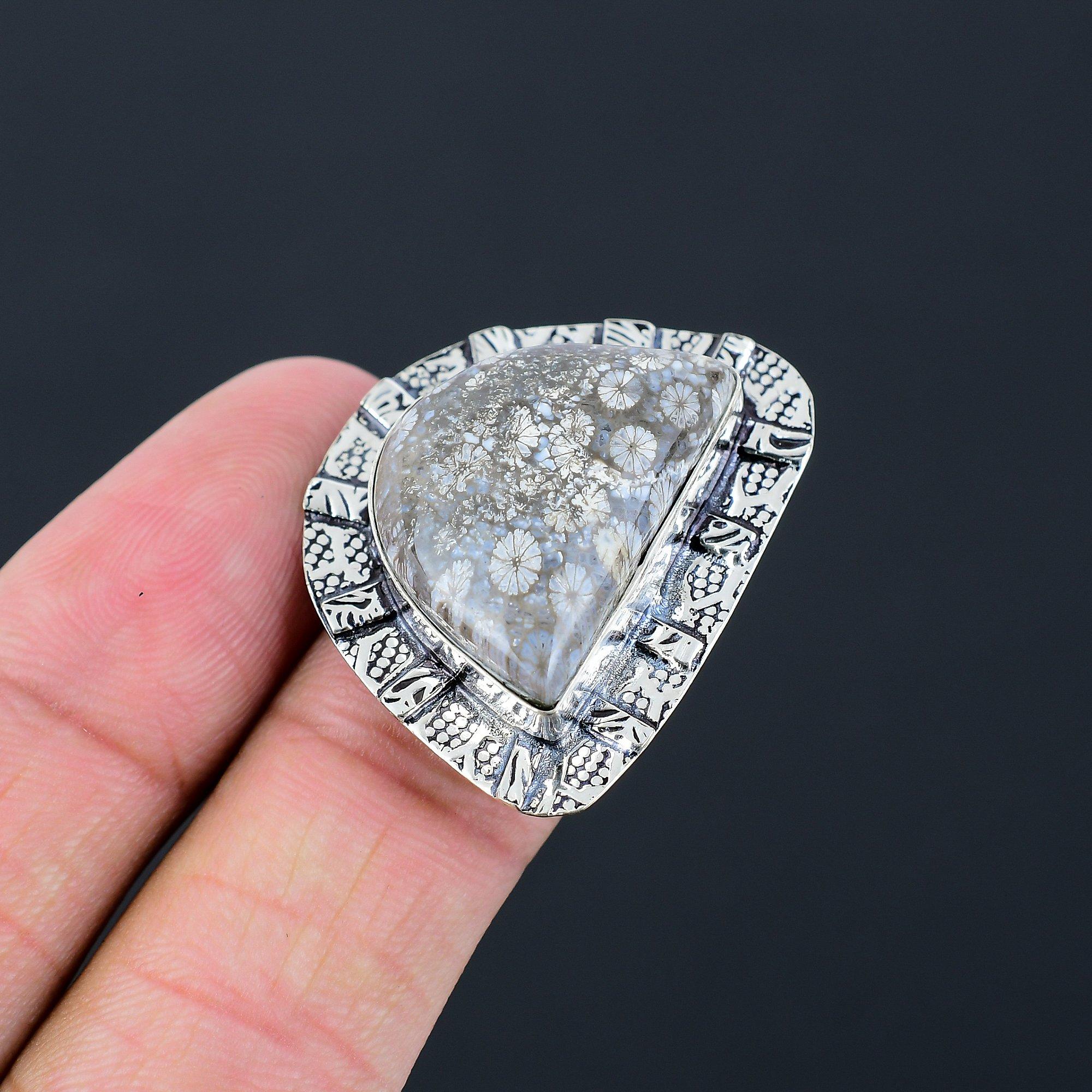 

Womens day Deal 925 Silver Fossil Coral Gemstone Wedding Promise Ring Size 7.5 7.5