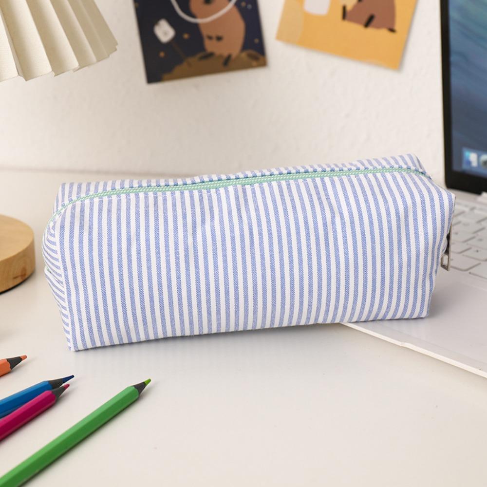 Stripe Design Pen Bag Seersucker Pen Pouch Simple Stationery Organizer  Back to School