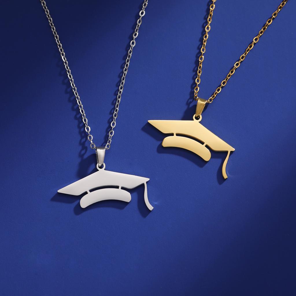 Lucktune Graduate Hat Pendant Necklace Stainless Steel Women Men Bachelor Cap Necklace School Graduation Jewelry Students Gift