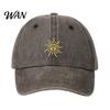 Breathable Baseball Hat Embroidery Sun Pattern Hat, Adjustable Back Buckle Retro Distressed Style Cap, Washed Cotton Fabric Outdoor Sunshade Cap Soft