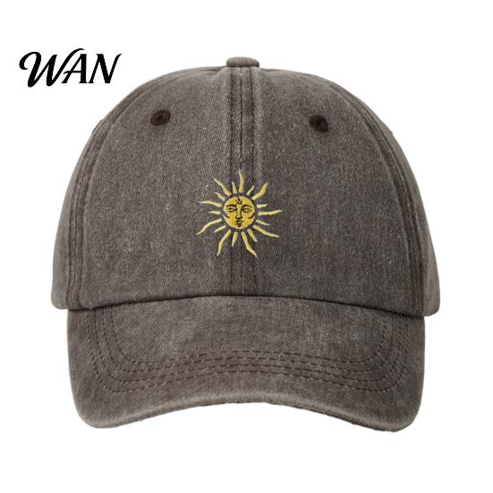 Breathable Baseball Hat Embroidery Sun Pattern Hat, Adjustable Back Buckle Retro Distressed Style Cap, Washed Cotton Fabric Outdoor Sunshade Cap Soft