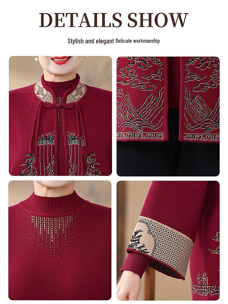 2025 New Chinese Style Knitted Sweater Cardigan Set for Middle-Aged and Elderly Women