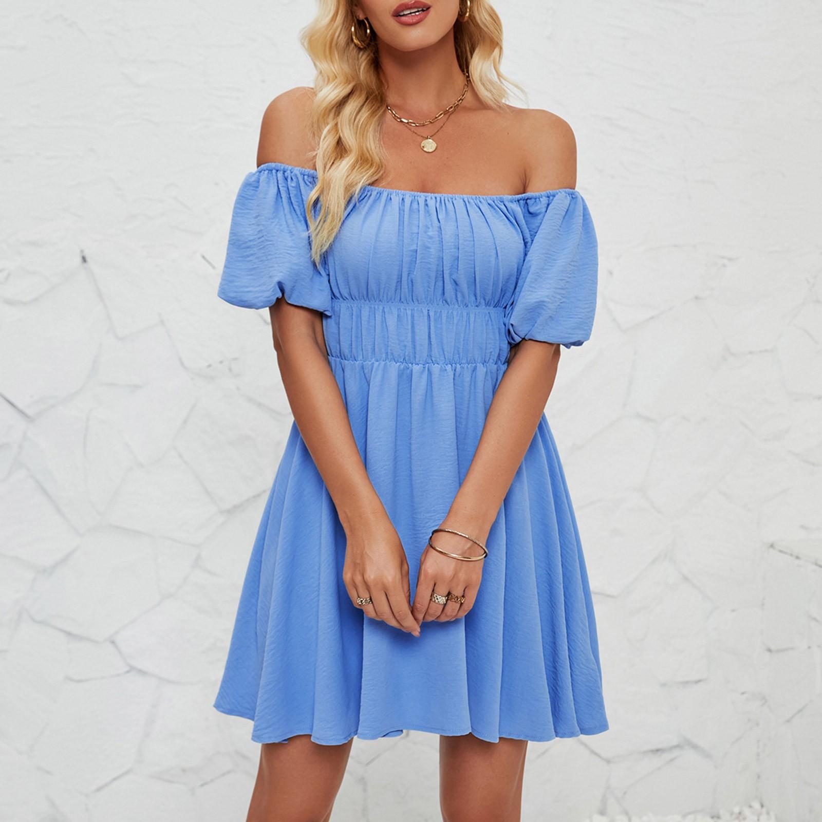 Женское модное однотонное платье с одной линией выреза и короткими рукавами — фото 11