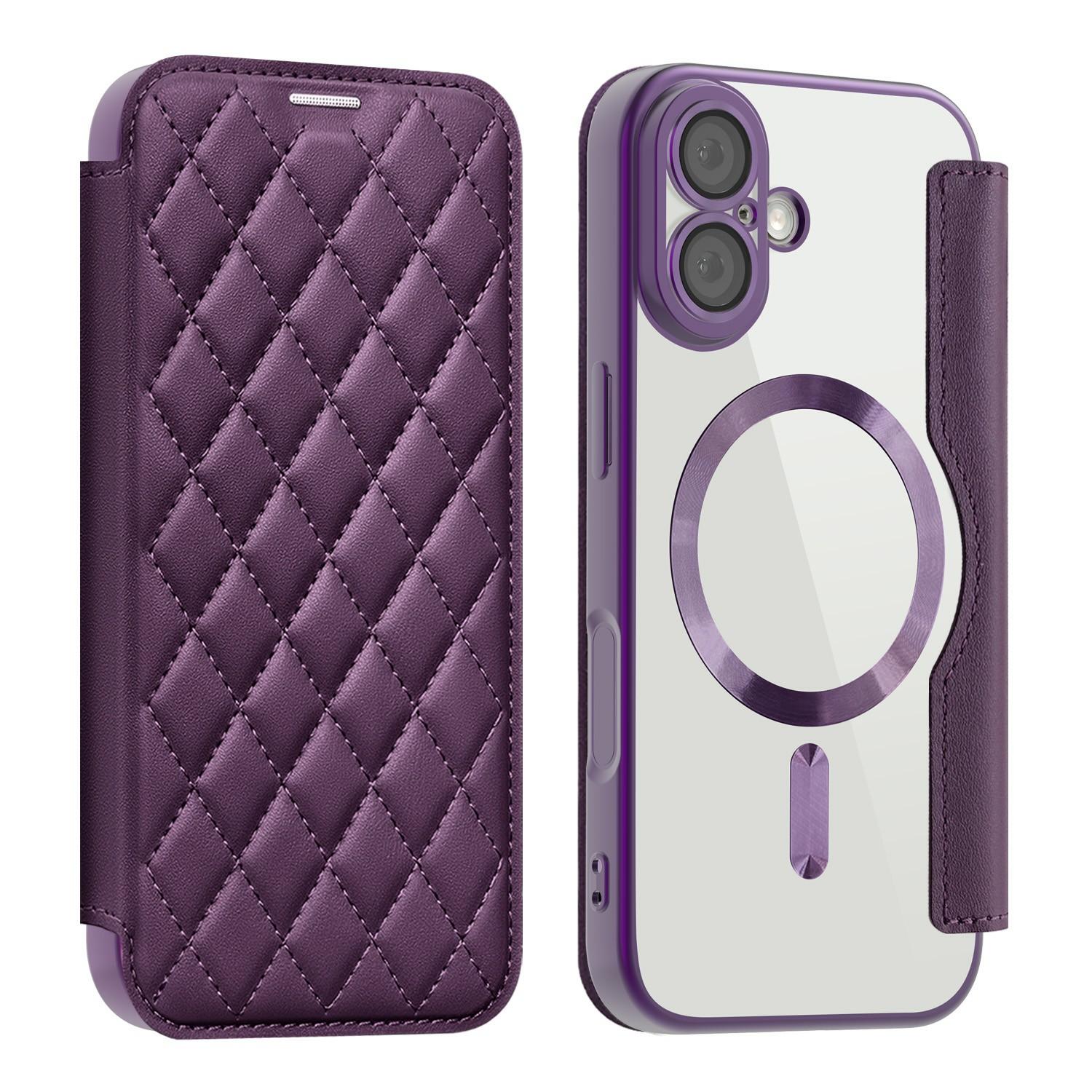

For iPhone 17 Case Compatible with MagSafe Rhombus PU Leather Phone Cover Dark Purple