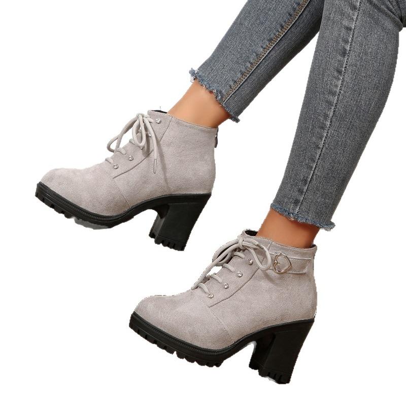Neue Damen Herbst Winter High-Heel Stiefel, Knöchelhohe Stiefel mit Kreuzriemen, Blockabsatz Martin Lederstiefel