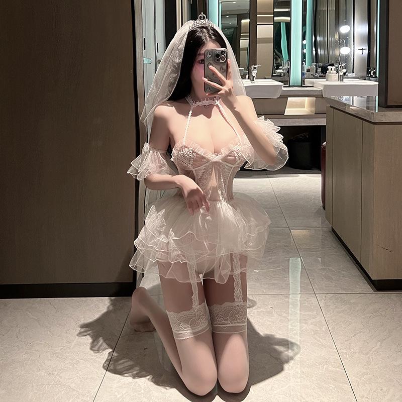 Mei Chu Lingerie: Sexy White See-Through Wedding Dress Set, Bride's Temptation.