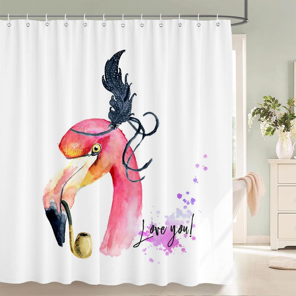Flamingo Shower Curtain, Floral Botanical Tropical Plant Art Deco Bathroom Decorative Shower Curtain, Print Curtain with Hooks