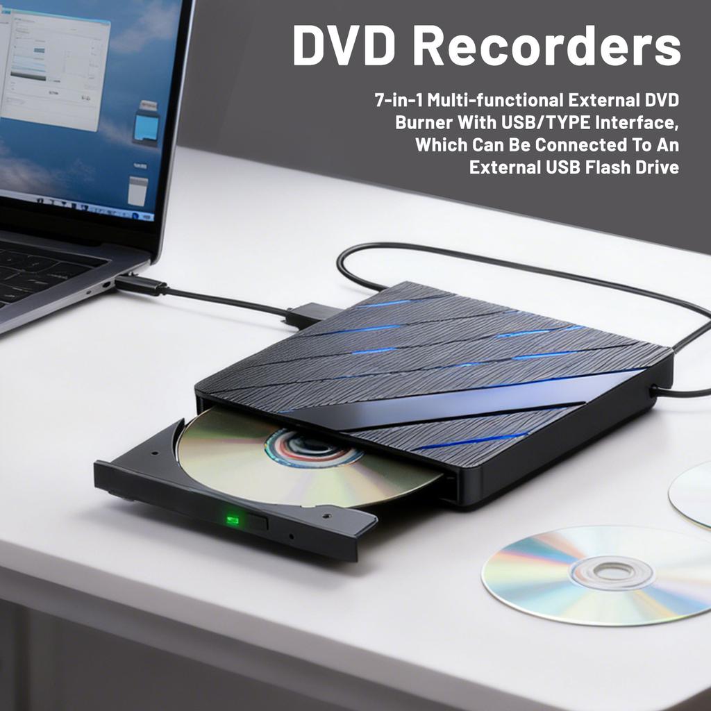 Arzător DVD Extern Multifuncțional 7-în-1 cu Interfață USB/TYPE, Care Poate Fi Conectat la un Stick USB Extern.