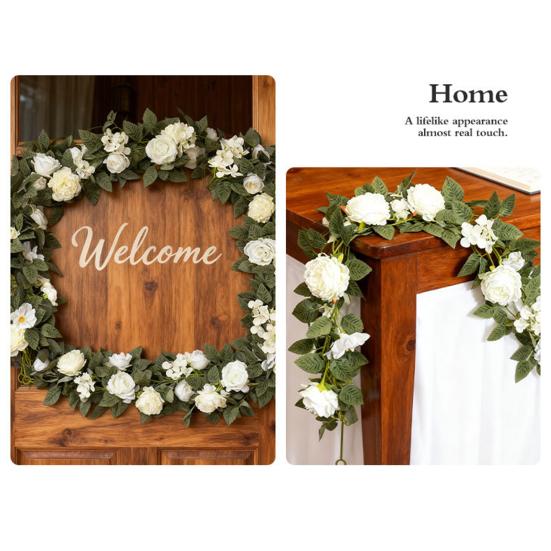 Artificial Rose Flower Garland UV Resistant Realistic Faux Flower Vine with Green Leaves Wedding Party Hanging Simulation Bloom Rattan Decoration