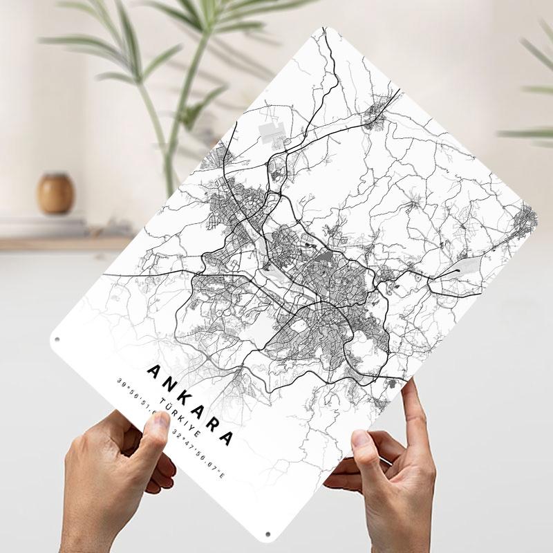 Ankara Turkiye City Map Tinplate Poster Customized Wall Art Vintage Retro Metal Signs for Man Cave Office Decor Room Ornaments