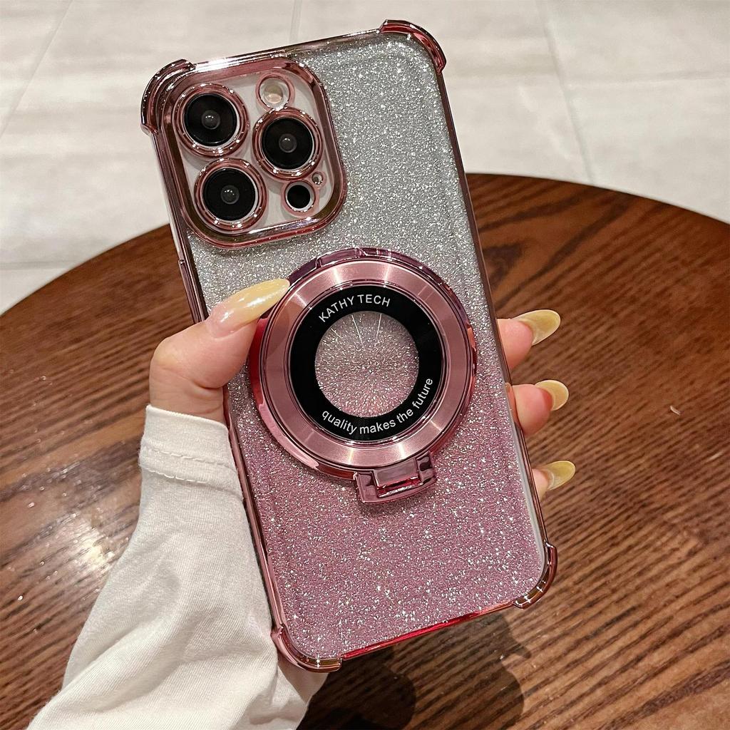 IPhone 16 Electroplated Four Corner Anti Fall Mobile Phone Case Magnetic Suction Bracket Suitable for Apple 15 Gradient Glitter Protective Case 13