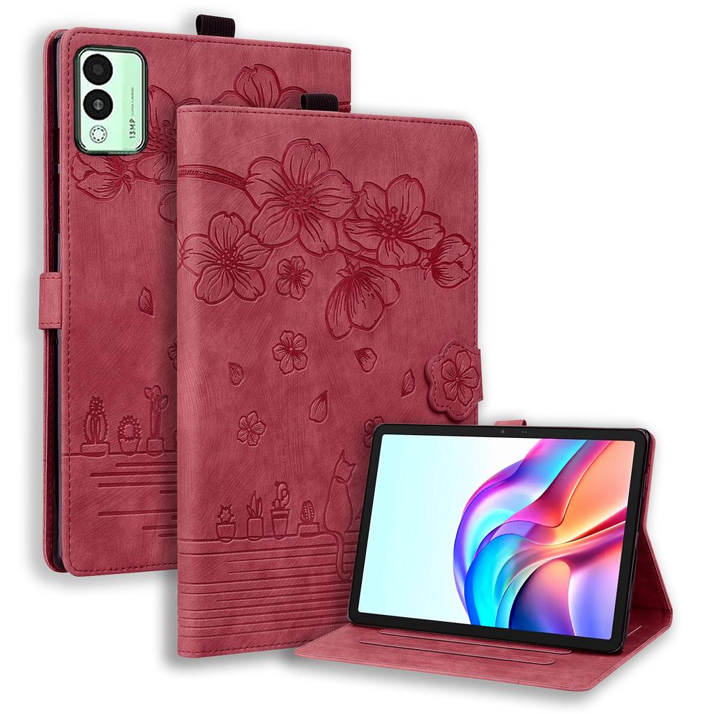 For TECNO Megapad 11 Case Card Slots Leather Tablet Stand Folio Cover Flower Cat