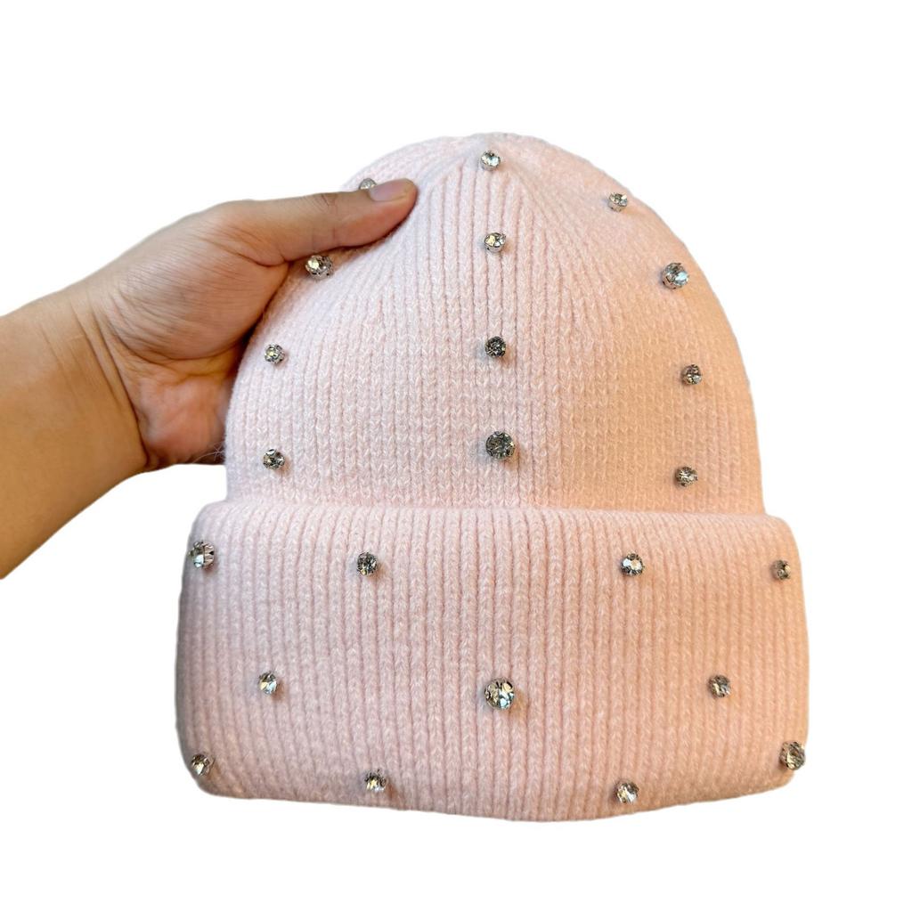 Hat Winter Women's New Korean Style Fashionable and Elegant Rhinestone Knitted Hat Street Style Rabbit Fur Warm Woolen Hat