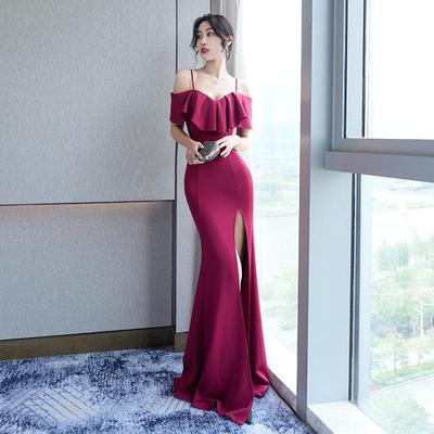 Elegant Off-Shoulder Ruffle Sleeve Gown with Spaghetti Straps and High Slit