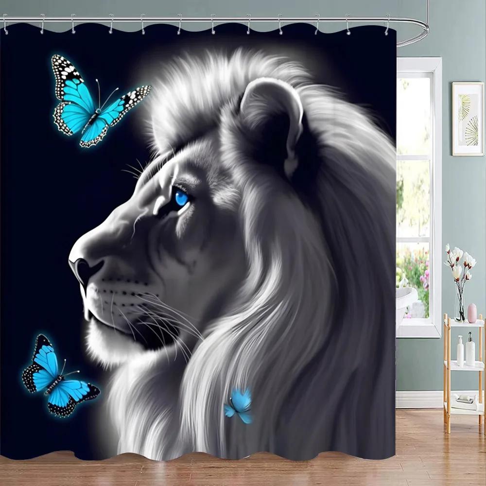 Weißer Kater Mit Blauen Schmetterlingen Duschvorhang Wasserdicht Leicht Zu Reinigen Sichtschutz Druck Fantasy Kunst Design Elegant
