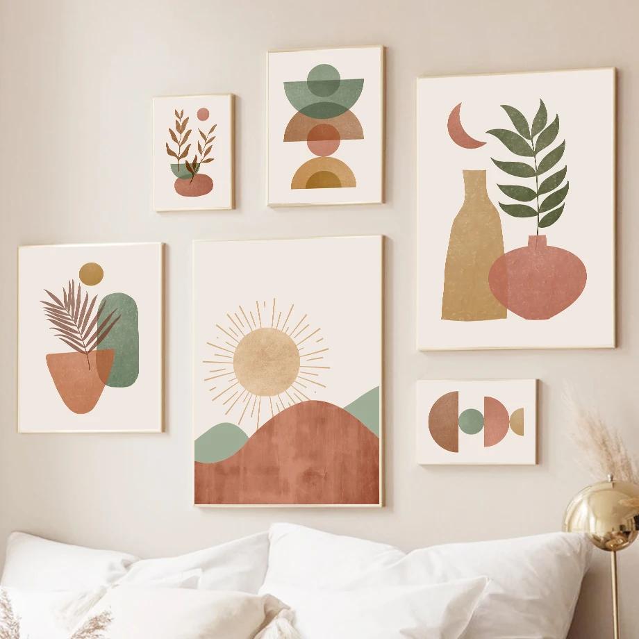 Sun Leaves Moon Geometry Abstract Landscape Posters Prints Canvas Painting Gallery Wall Art Pictures For Living Room Decor