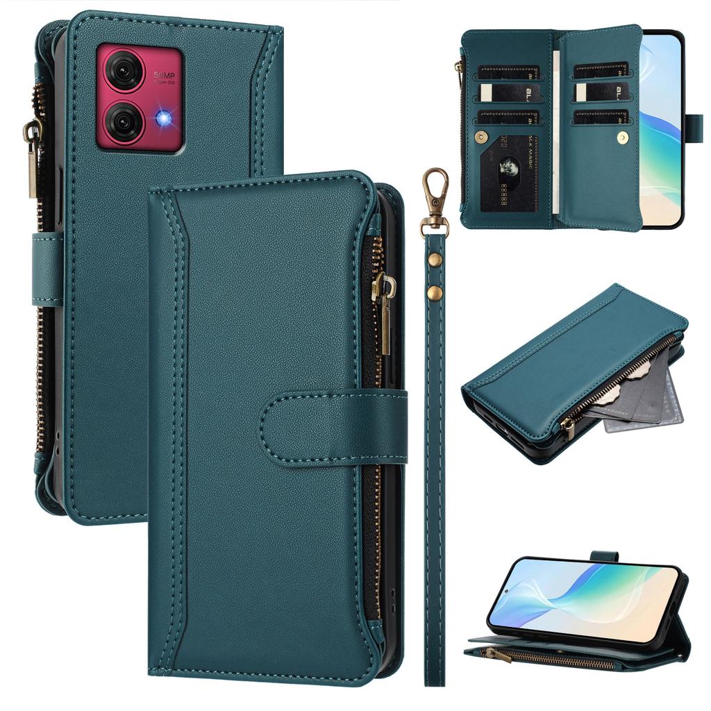 For Motorola Moto G84 5G Leather Case 9 Card Slots Zipper Wallet Stand Phone Cover with Wrist Strap