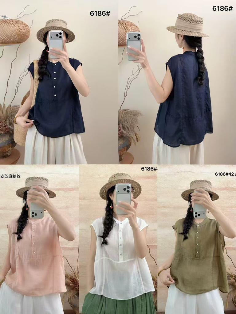 1116 Summer New Women's Lapel Japanese Ramie Shirt Loose Shirt Top Short Sleeve Literary Style Ins