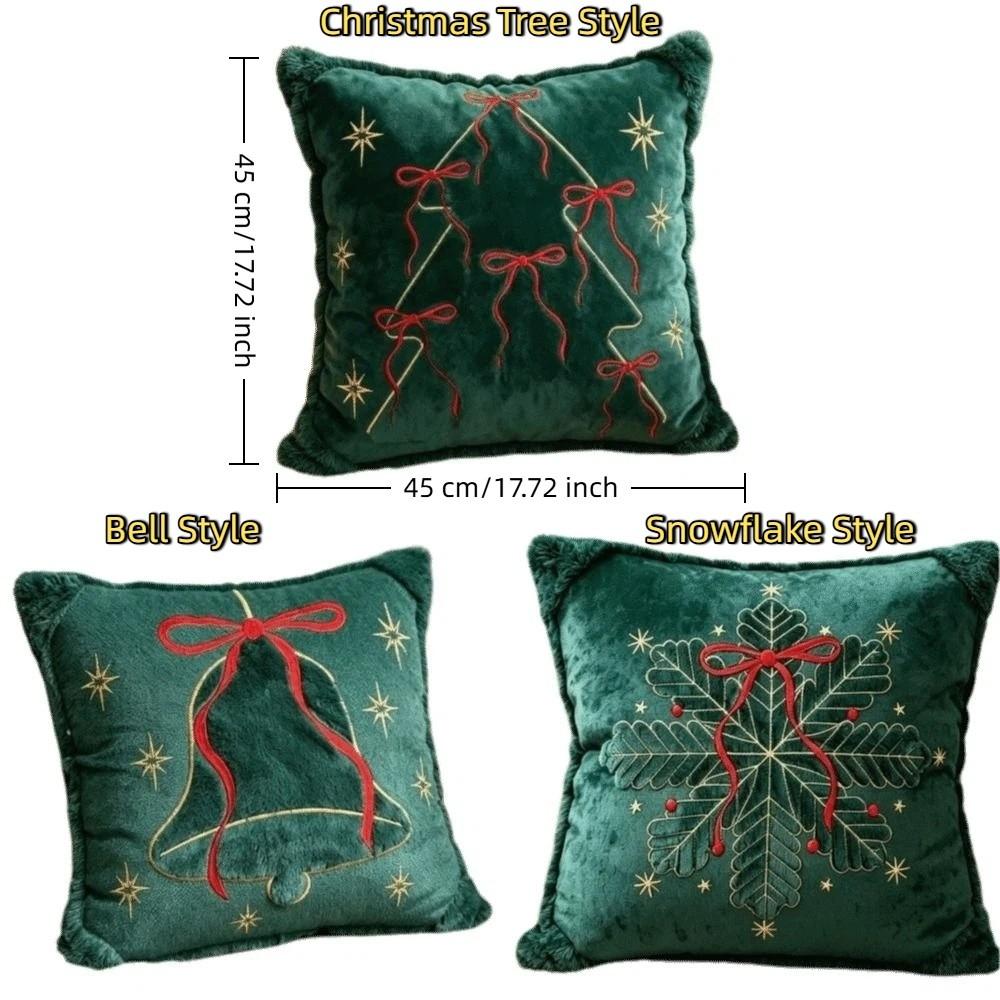 Embroidered Christmas Pillow Cover Soft Square Throw Cushion Cover Bell Bow Snowflake Holiday Cushion Cover Christmas Decor