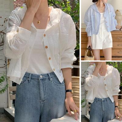 Women's Striped Button Down Shirts Drawstring Hooded Long Sleeve Cardigan Summer Sun Protection Jacket Top