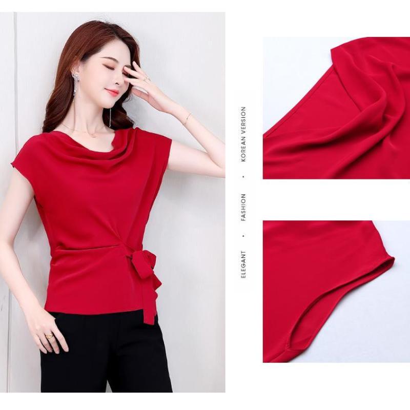 Chiffon Shirt Women's New Summer Fashiona Age Reducing French Short Sleeve Blouse Solid Color Bottoming Top