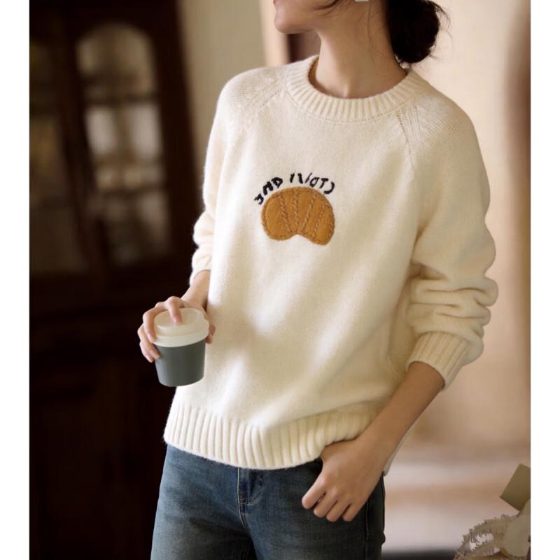 Basic House Women's Thickened Cartoon Embroidered Pullover Sweater