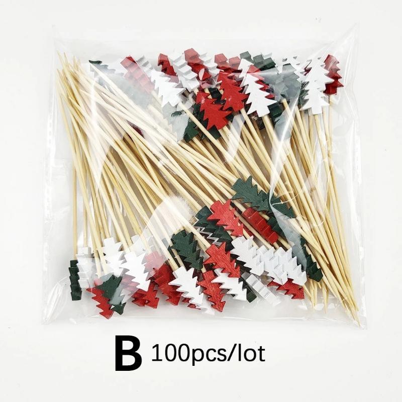 100Pcs Christmas Disposable Bamboo Skewers Food Picks Fruit Fork Christmas Party Cake Dessert Salad Sticks Toothpick Skewer