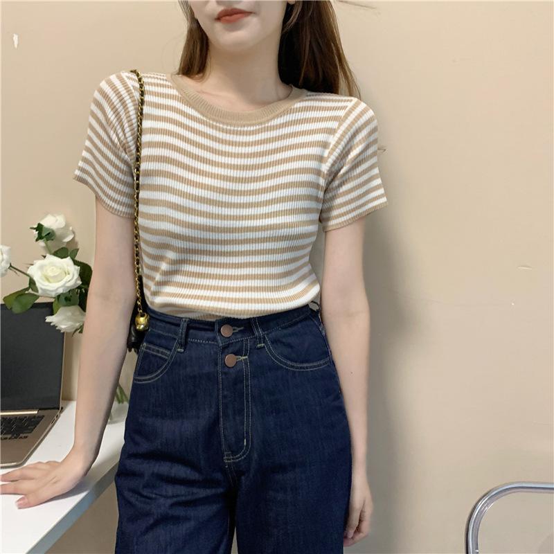 Rundhals Kurzarm T-Shirt Damen Sommer Hohe Taille Dünn Dünne Partie Gestreift Slim Kurz Stricktops Lässig Essentiell Slim Fit Pullover Tees