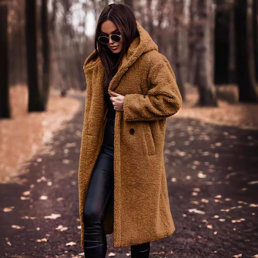 Damen Herbst- und Wintermode Wollmantel Einfarbig Locker Langärmlig Lässig Woll-Kapuzenmantel mit Einzelknopfleiste