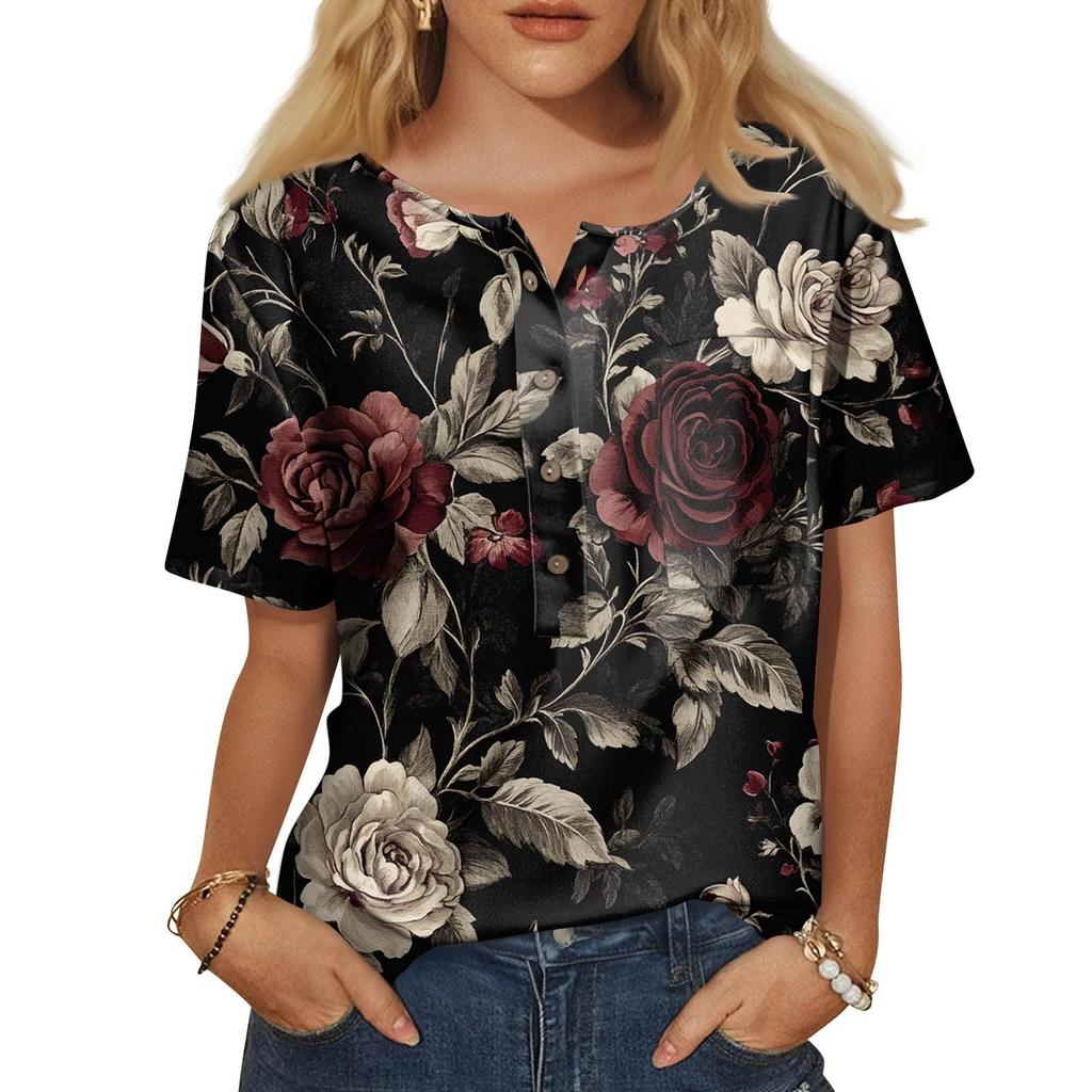 Women's Fashion Casual Short Sleeve Print Round Neck Pullover Top Blouse