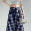 Women's Blue Plaid High-Waist Wide-Leg Summer Pants: New 2026 Fashion, Casual, Floor-Length Drape Design.