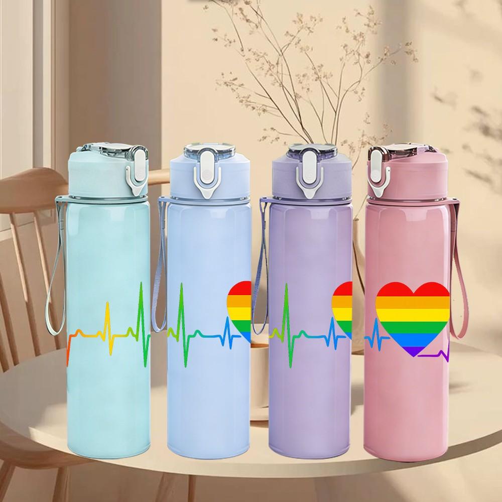 1PC Rainbow Heart Pulse Line 750ml Color Plastic Sports Water Bottle Leakproof Flip Straw Lid Suitable for Sports Office Home Use