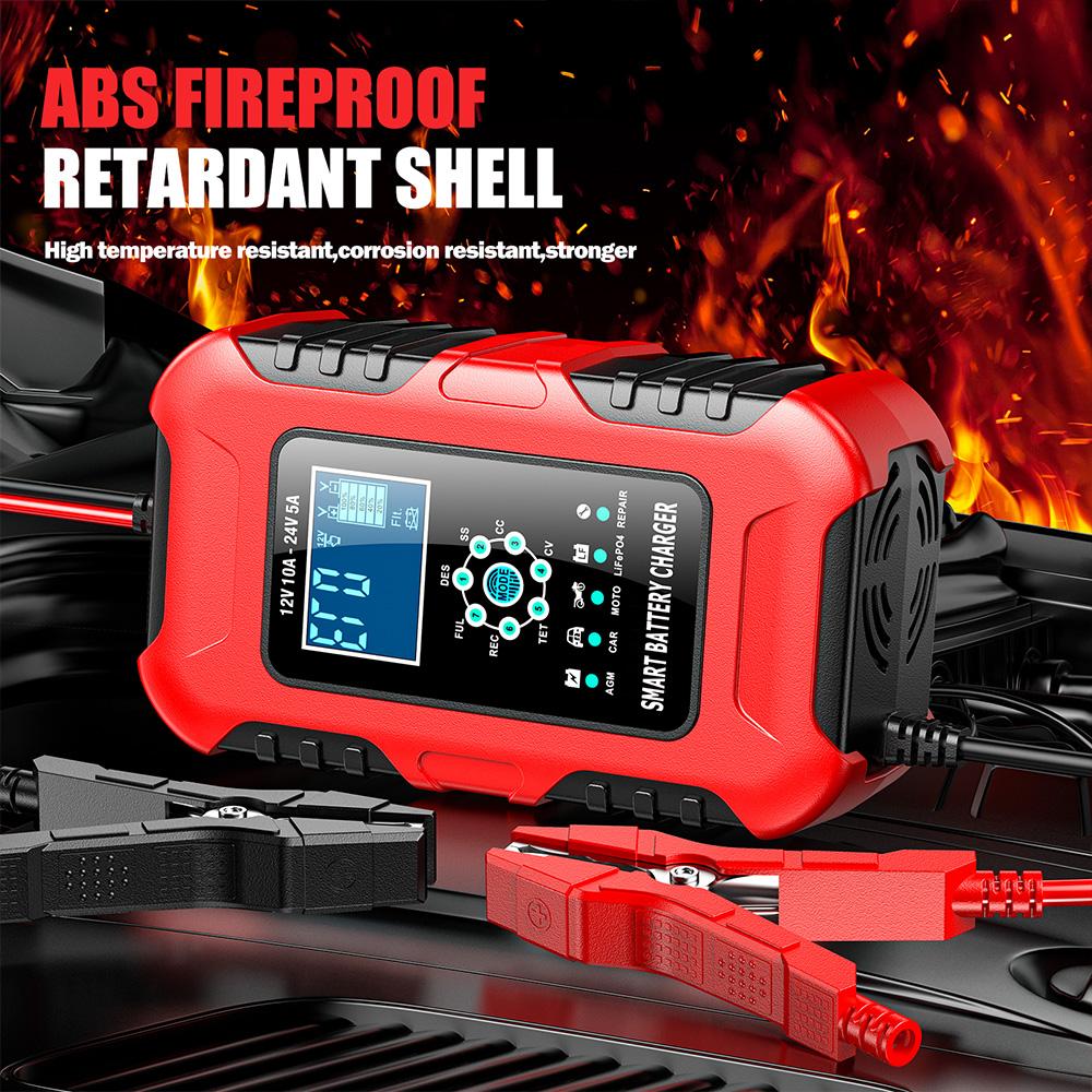 Încărcător inteligent pentru baterie auto 12V 24V cu afișaj LCD pentru motocicletă, încărcător automat în 7 etape, AGM, ciclu profund, GEL, umed-uscat, plumb-acid, încărcător