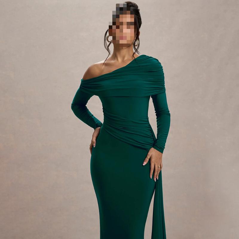 European and American sloping collar long sleeved fashionable temperament solid color pleated high waisted long dress