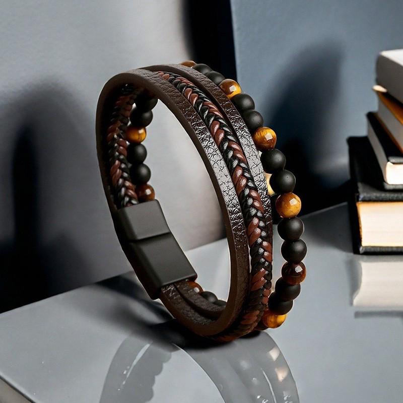 Men's Retro Leather Woven Bracelet with Magnetic Clasp - European & American Style