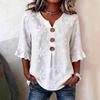 Women's V Neck Three Quarter Sleeve Top Loose Fit Floral Embroidery Ruffle Cuff Casual Blouse