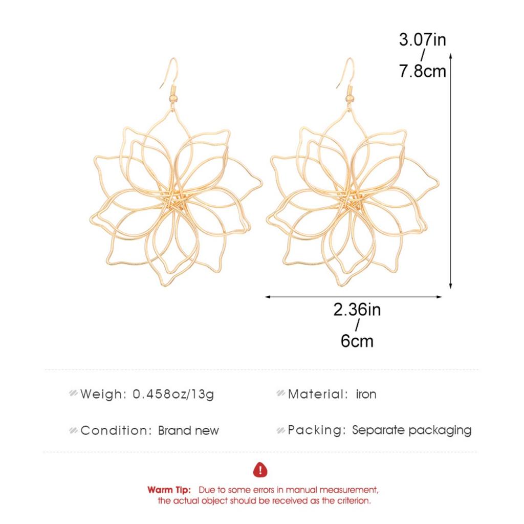 Large Hollow Wire Wrapped Flower Dangle Hook Earrings Minimalist Oversized Floral Drop Ear Ornaments for Women Party Daily Fashion Accessories