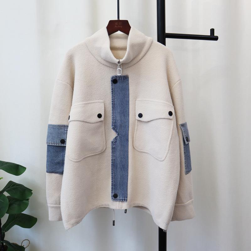 Autumn and winter new zipper denim splicing knitted double-sided woolen cardigan loose casual temperament sweater jacket women