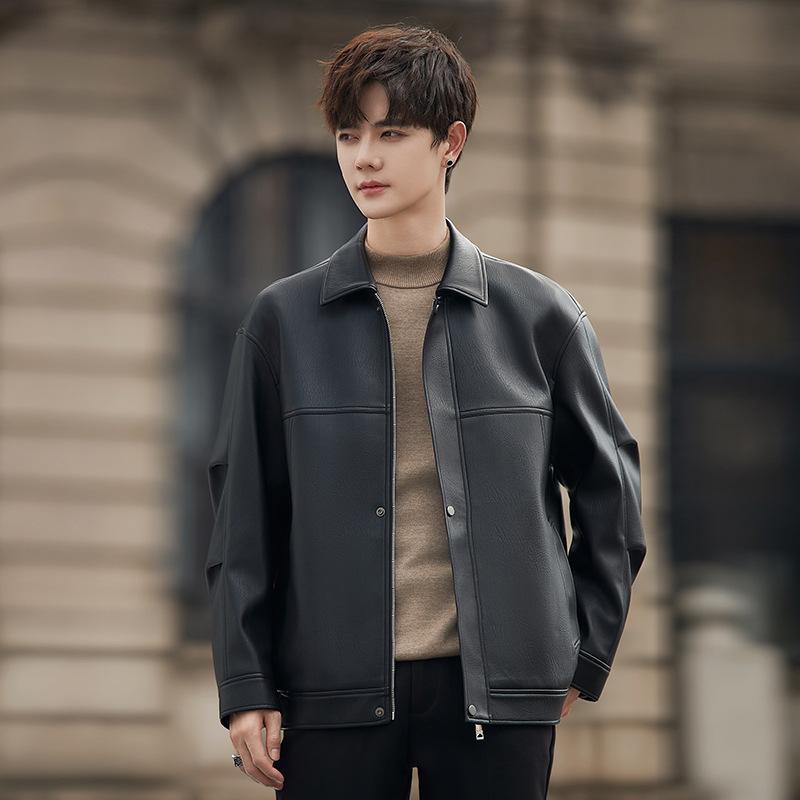 Matte Lychee Texture PU Leather Jacket Men's Spring and Autumn Casual Jacket Loose Lapel Locomotive Trend