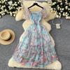 Theepauze Retro Franse Zachte Stijl Bloemen Chiffon Jurk voor Dames met Een Ingesnoerde Taille en Een Pofmouw met Eén Schouder Mesh Rok